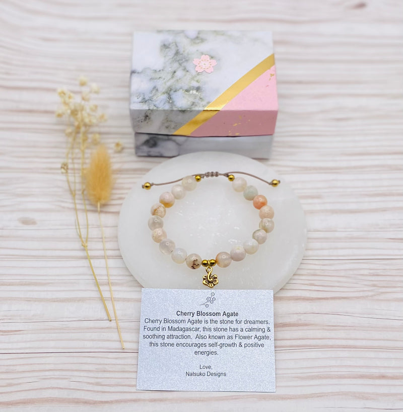 Cherry Blossom Agate w/Hibiscus Charm Bracelet