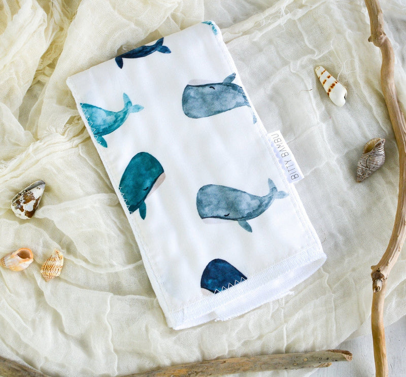 Bitty Bambu Keiki Baby Burp Cloth in Whales Baby Burp Cloth in Whales | Bitty Bambu at Valia Hononolulu Valia Honolulu