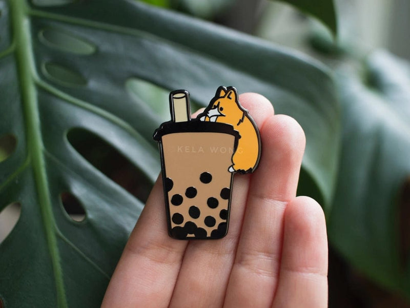 Bubble Tea Boba Corgi Enamel Pin Single Sploot at Valia Honolulu