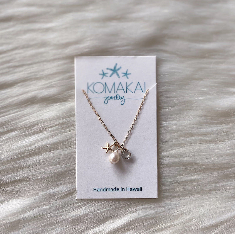 Komakai Jewelry Jewelry Starfish Charm Necklace w/Freshwater Pearl Starfish Necklace | Dainty Gemstone Jewelry | Valia Honolulu Valia Honolulu
