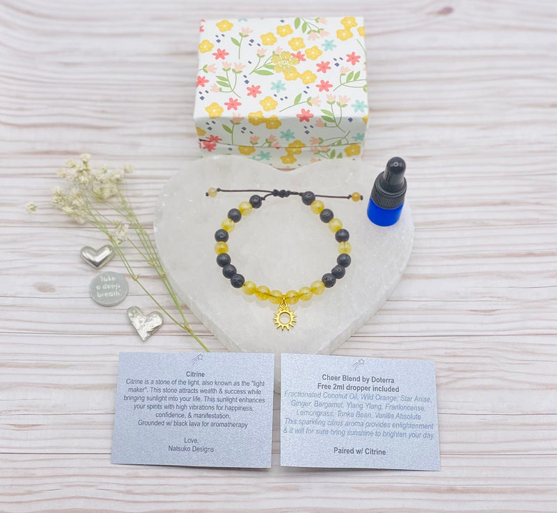 Natsuko Designs Jewelry Citrine Bracelet w/ Black Lava diffuser Gold Sun Charm Valia Honolulu