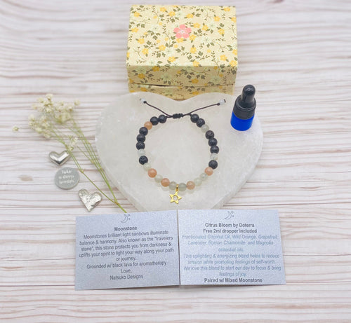 Natsuko Designs Jewelry Moonstone Bracelet w/ Black Lava diffuser with gold star charm Valia Honolulu