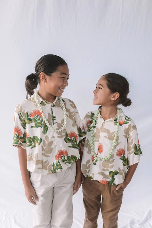 Pohaku Hawaii Keiki Boy's Aloha Shirt in Ohia Lehua Kalea Boys Aloha Shirt in Dark Green | Keiki Aloha Shirt | Valia Honolulu Valia Honolulu