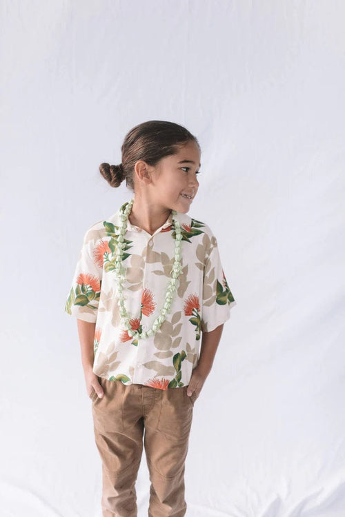 Pohaku Hawaii Keiki Boy's Aloha Shirt in Ohia Lehua Kalea Boys Aloha Shirt in Dark Green | Keiki Aloha Shirt | Valia Honolulu Valia Honolulu