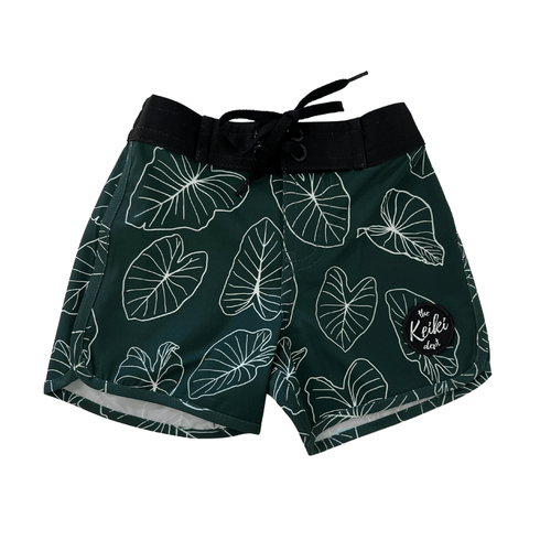 The Keiki Dept Swimwear Board Shorts in Green Kalo Valia Honolulu