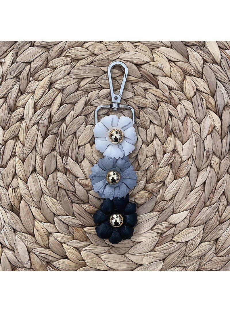 Haru Palette Handbag Tricolor Flower Keychain in White/Beige/Grey Leather Earrings | Unique Round Design | Haru Palette at Valia Honolulu Valia Honolulu