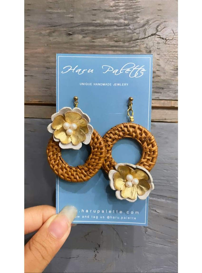Rattan and Leather Circle Earrings