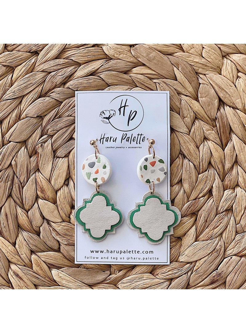Haru Palette Jewelry Terrazzo Circle Earrings in Green Leather Earrings | Unique Round Design | Haru Palette at Valia Honolulu Valia Honolulu