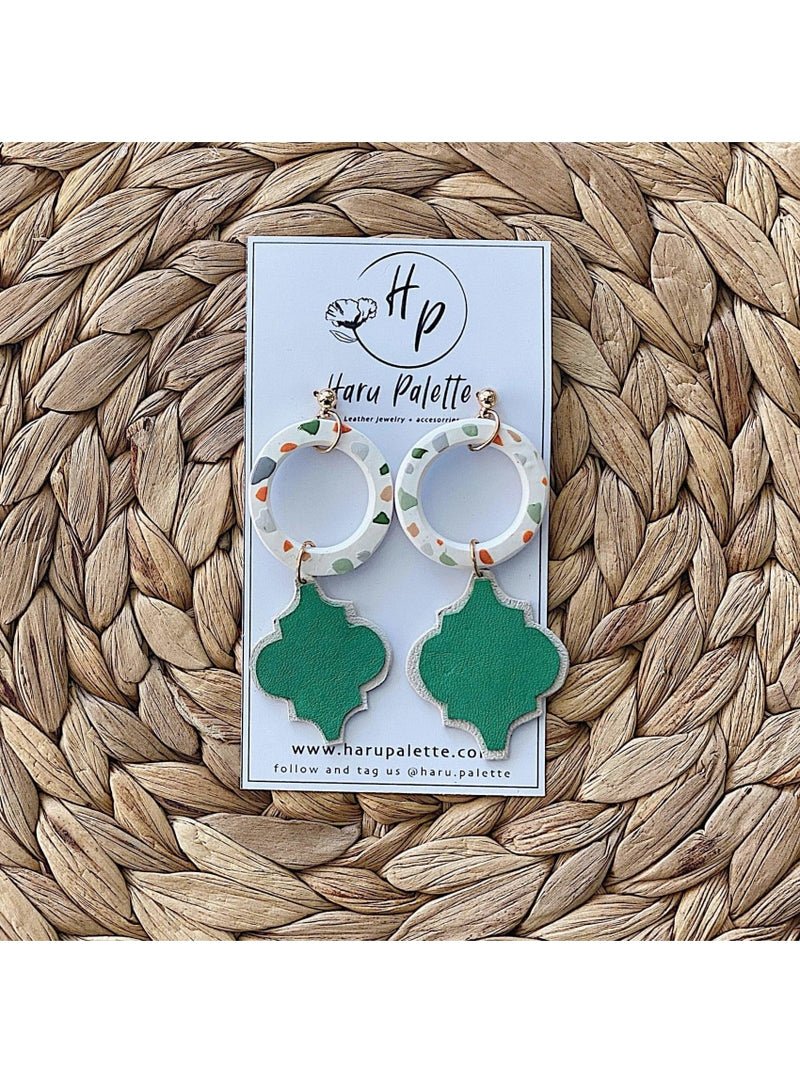Haru Palette Jewelry Terrazzo Hoop Earrings in Green Leather Earrings | Unique Round Design | Haru Palette at Valia Honolulu Valia Honolulu