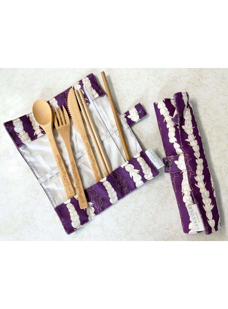Laha’ole Home Pikake Lei Bamboo Cutlery Set Valia Honolulu