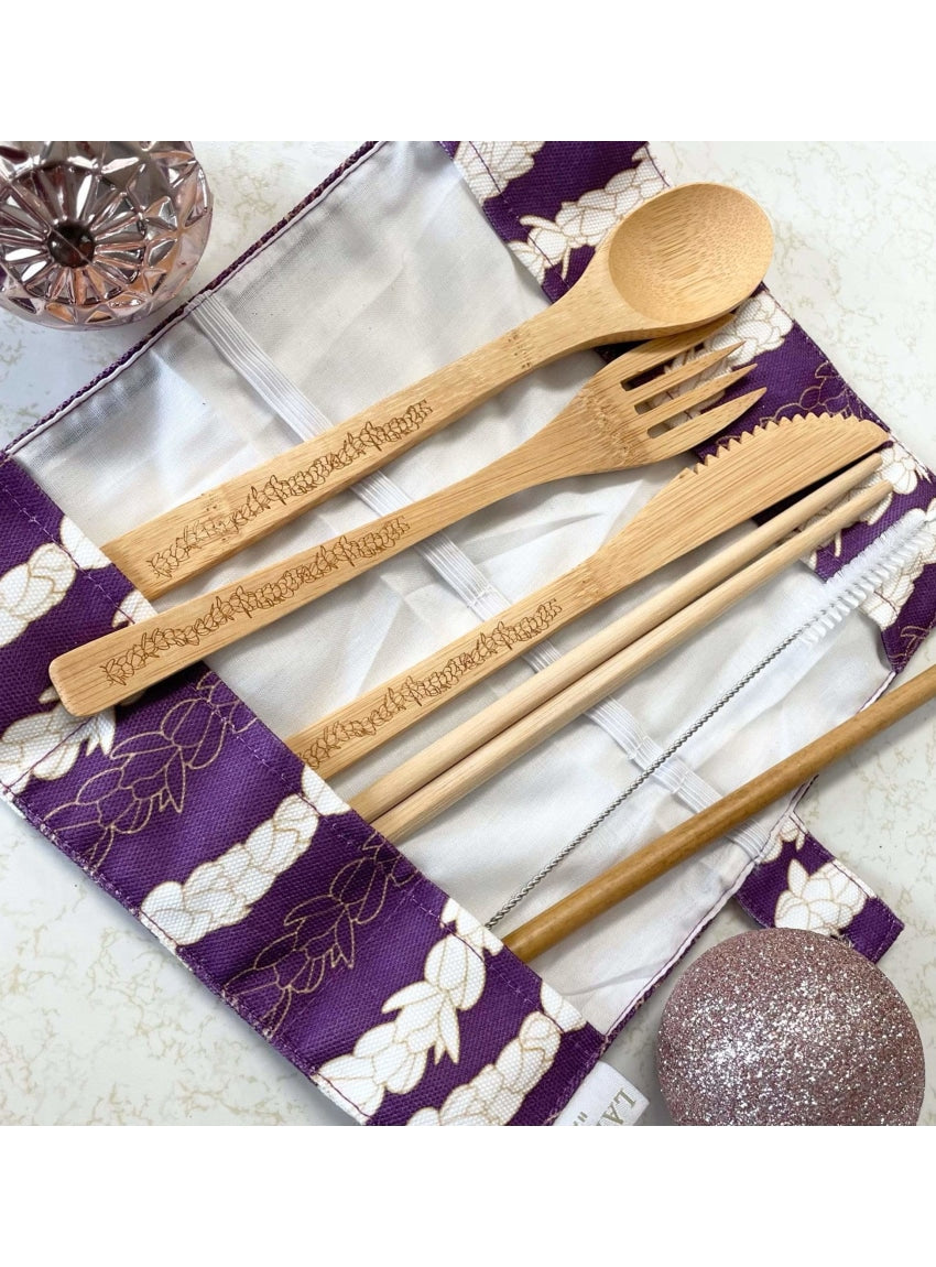 Pīkake Lei Bamboo Cutlery Set - Poni/Purple – Laha'ole Hawai'i