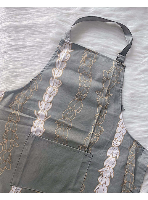 Laha’ole Home Pikake Lei Cooking Apron in Grey Valia Honolulu