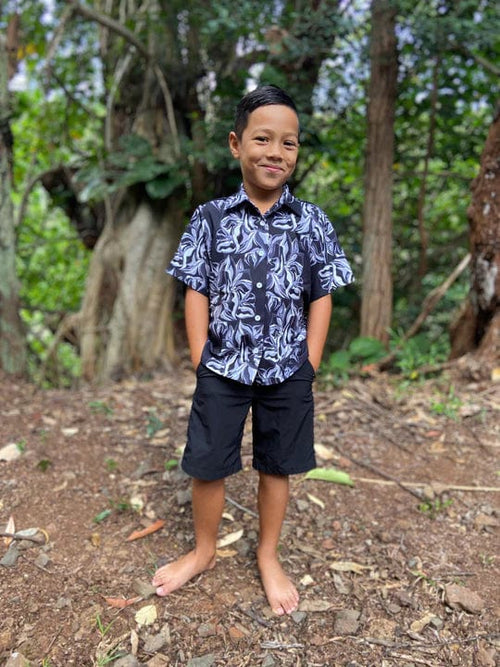 Pohaku Hawaii Keiki Boy's Aloha Shirt in Ele Ele Kalea Boys Aloha Shirt in Dark Green | Keiki Aloha Shirt | Valia Honolulu Valia Honolulu