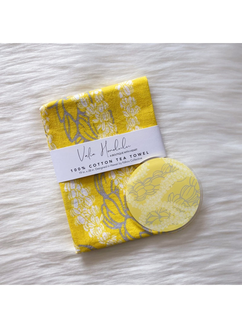 Valia Honolulu Home Sunshine Matching Tea Towel & Coaster Set Valia x Kākou Collective Collaboration Tea Towels and Coaster Sets in Pīkake Lei Valia Honolulu