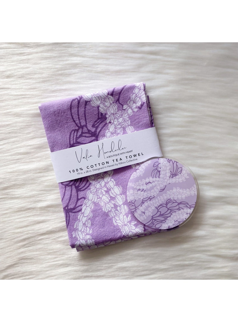Valia Honolulu Home Ube Matching Tea Towel & Coaster Set Valia x Kākou Collective Collaboration Tea Towels and Coaster Sets in Pīkake Lei Valia Honolulu
